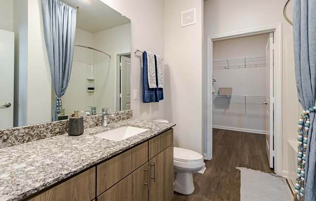 A bathroom with a sink, toilet, and a mirror.