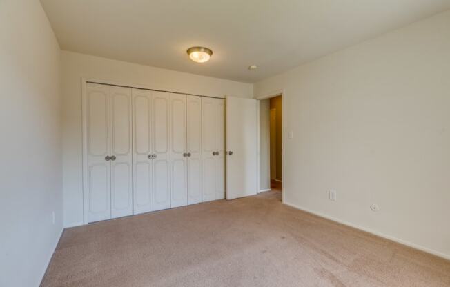 a bedroom with two closets and a carpeted floor