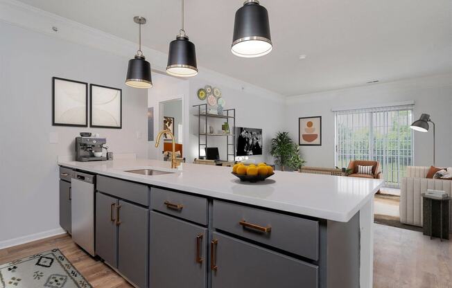 a large kitchen with a large counter top