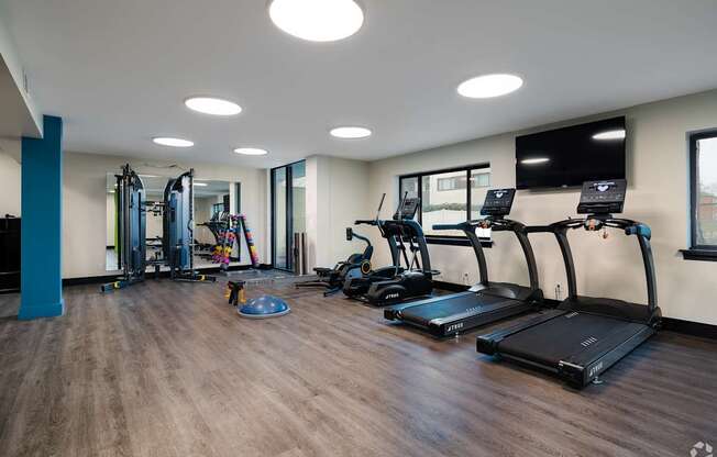 A gym with treadmills, weights, and a television.