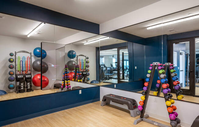 a workout room with weights and mirrors and a bench