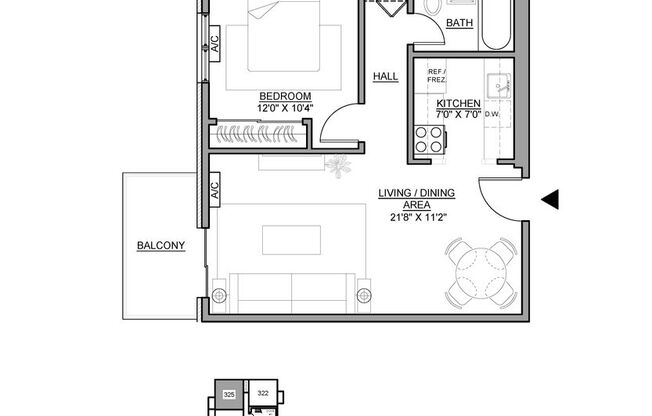 1 bed, 1 bath, 590 sqft, $1,995, Unit 325