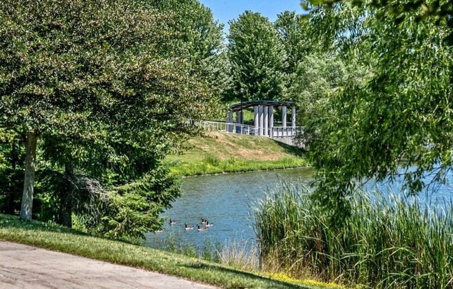 a bridge over a body of water with ducks in it