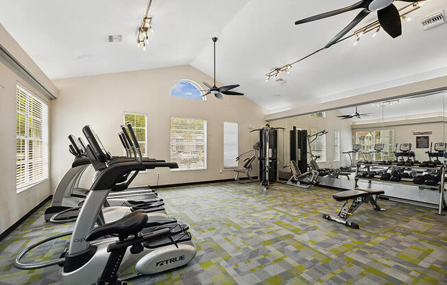 Fitness center with equipment at Vue at Baymeadows Apartments in Jacksonville, Florida