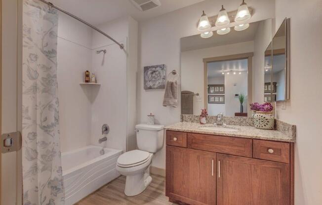 Bathroom with large counters, garden style tub