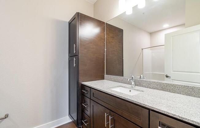a bathroom with a sink and a mirror at The Fitzroy San Marcos, Texas