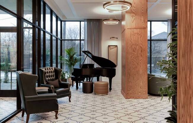 Elegant lobby and co-working space transforms into a weekend piano lounge, featuring a Steinway piano.