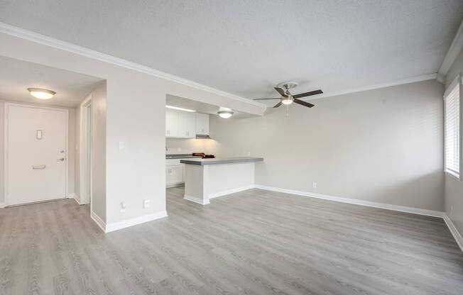 A spacious room with a ceiling fan and lighting fixtures.
