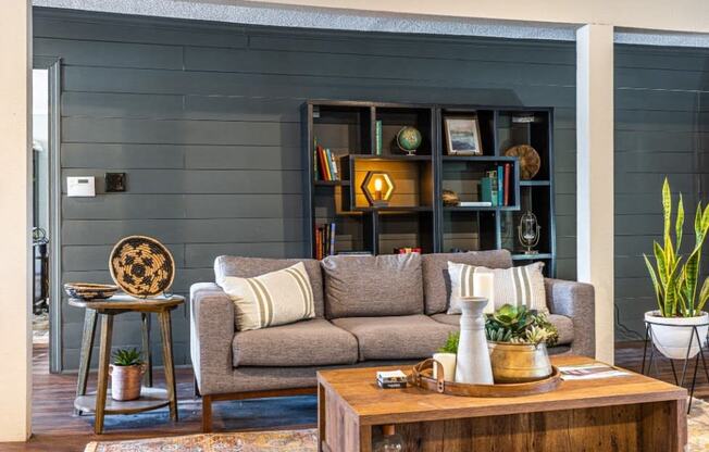 a living room with a couch and a coffee table