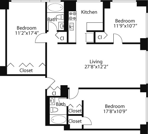 3 beds, 2 baths, 1,243 sqft, $9,148, Unit 12J