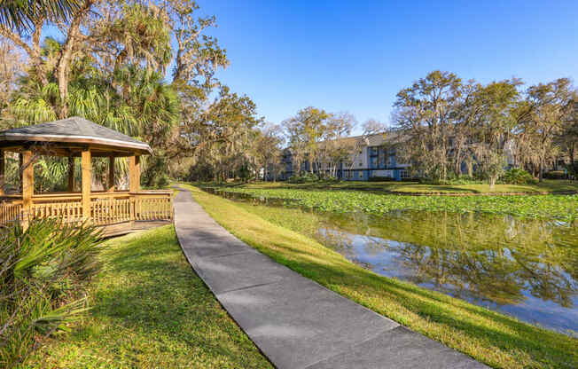 a gazebo on the side of a pond with a building in the background