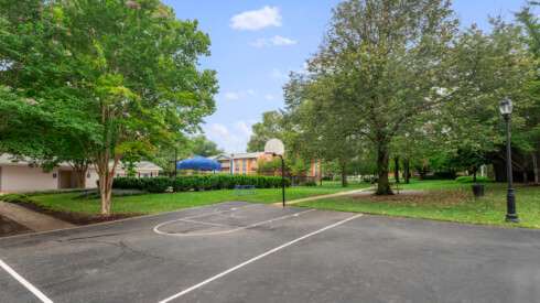 an empty basketball court in a park with trees
