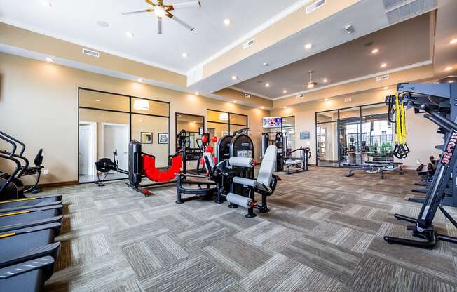 a gym with weights and cardio equipment at the flats