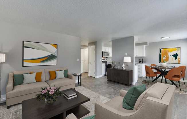 a living room with a couch and a table