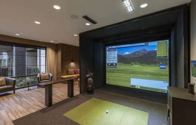 A room with a golf simulator screen and a green carpet.