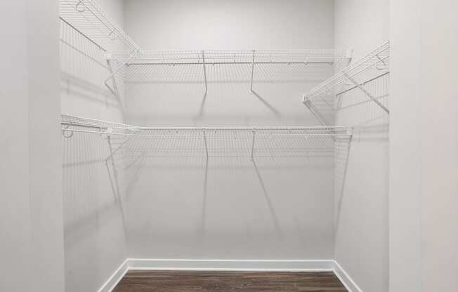 Spacious closets with shelving, perfect for organizing shoes and clothes.