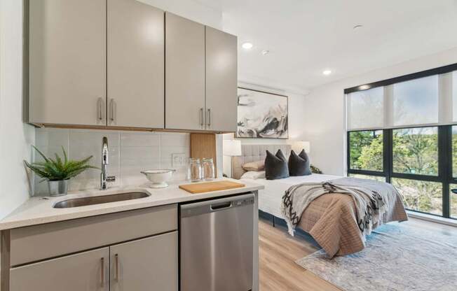 A modern kitchen with a stainless steel dishwasher and a sink with a potted plant on the counter.