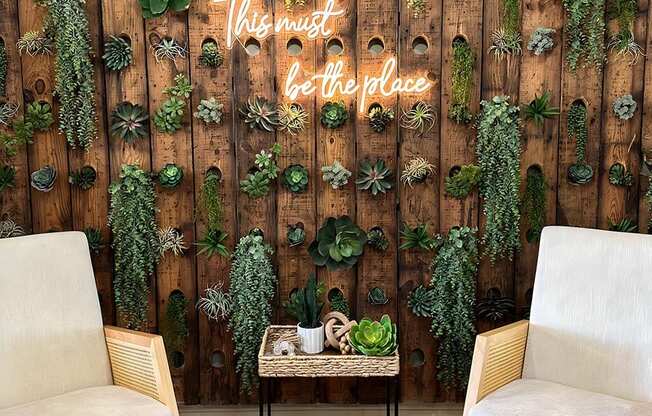 this must be the place neon wedding sign against a wooden wall with succulent plants