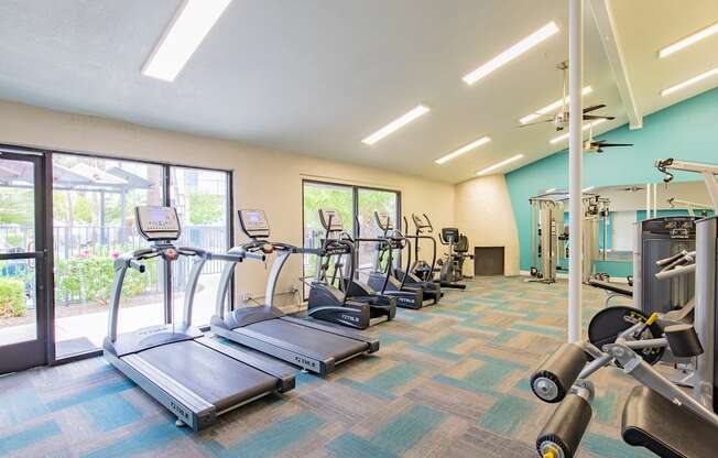 the gym with cardio equipment at the community center apartments