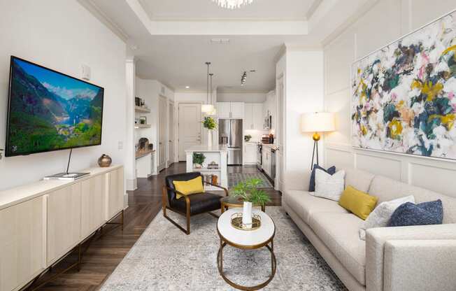 living room with sofa, table, chair, rug and TV on wall