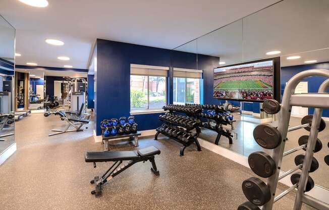 a gym with weights and a tv on the wall