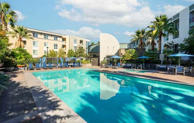 A large swimming pool surrounded by palm trees and lounge chairs.