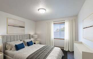 a bedroom with a large bed and a window. Fargo, ND Oxford Apartments