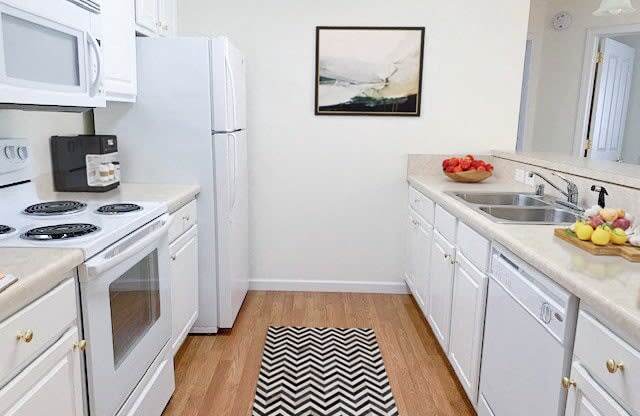 a white kitchen with a black and white rug