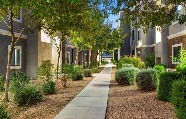 A long concrete walkway leads between two rows of houses.
