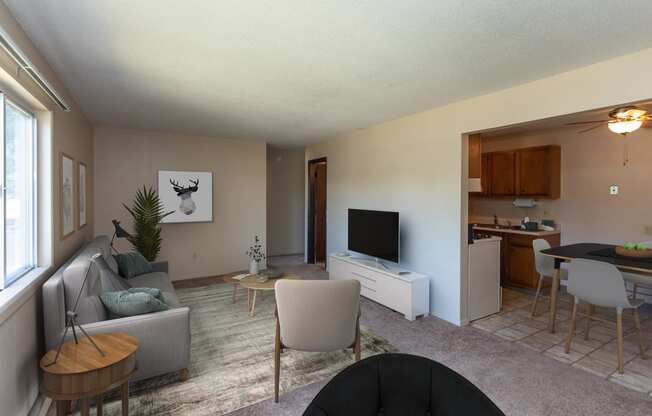 Living Room with Couches and TV, Kitchen with Dining Table