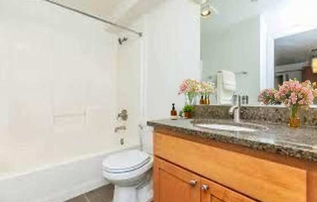 A bathroom with a toilet, sink, and a mirror.