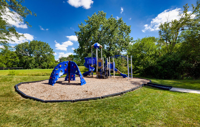 children's playground with blue sliding and a climbing wall