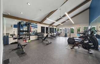 a gym with weights and cardio equipment on the floor and glass walls