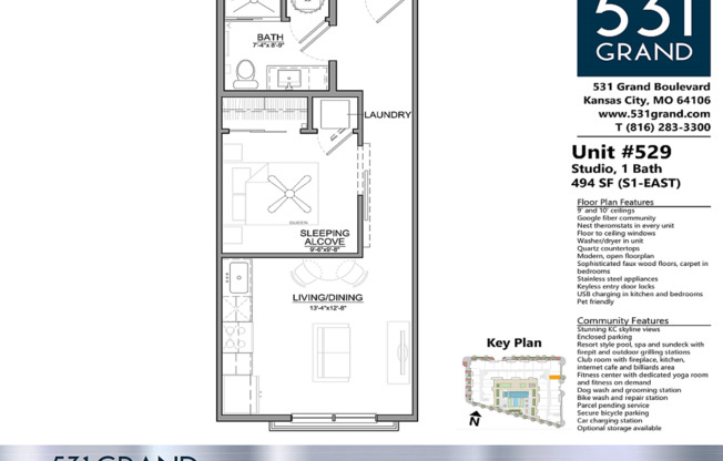 Studio, 1 bath, 494 sqft, $1,324, Unit 529
