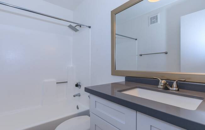 a bathroom with a sink and a toilet and a mirror at Tides at Mesa, Mesa, Arizona