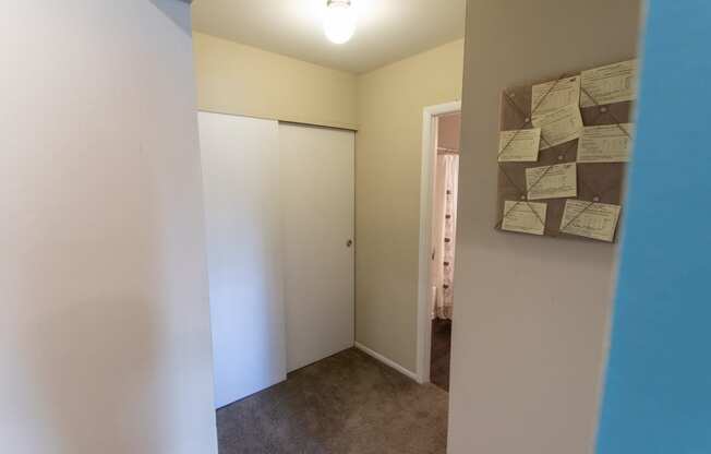 This is a picture of the hallway closet a 549 square foot 1 bedroom, 1 bath apartment at Romaine Court Apartments in the Oakley neighborhood of Cincinnati, Ohio.