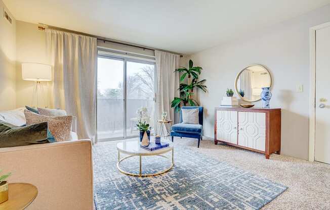 Bright Living Room at Scarborough Lake Apartments, Indianapolis
