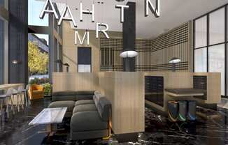 a rendering of a living room with a couch and a table