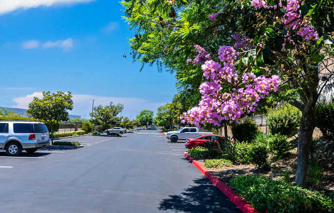A parking lot with a red car parked in the distance.
