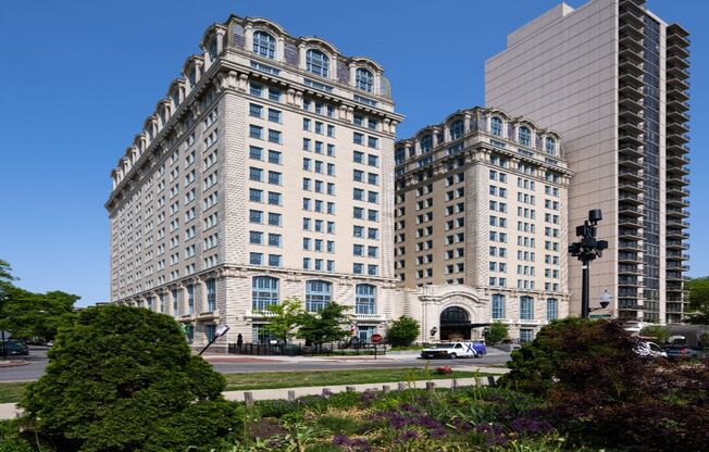 two tall buildings in the middle of a city street  at The Belden Stratford, Chicago, 60614