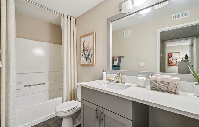 A bathroom with a toilet, sink, and mirror.