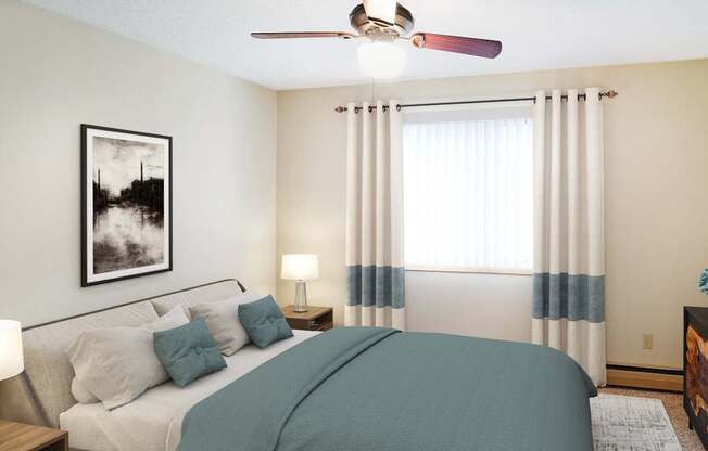 A bedroom with a bed, nightstand, and a ceiling fan.