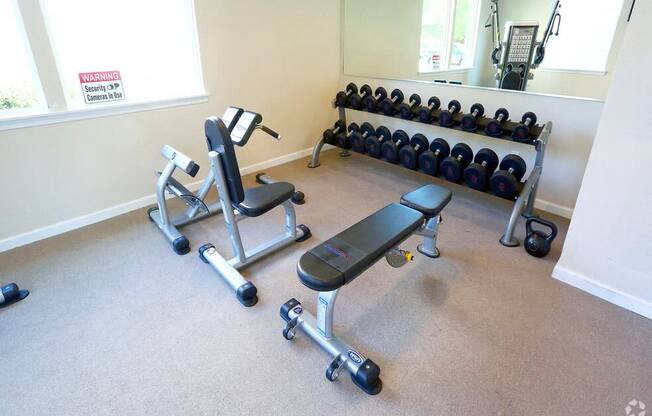 a gym with weights and a bench in a room with a window