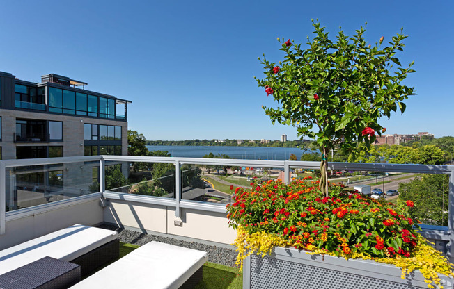 Rooftop Deck with lounge chairs overlooking Lake Calhoun