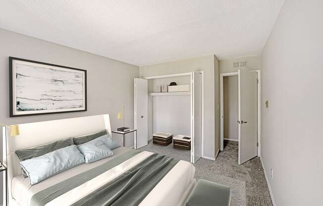 Bedroom with large reach in closet and wall to wall carpet  at The Waverly, Belleville