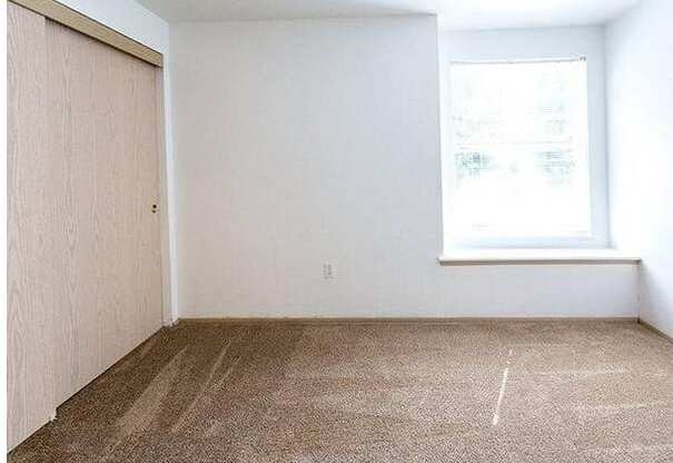 A room with a brown carpet and a white wall.
