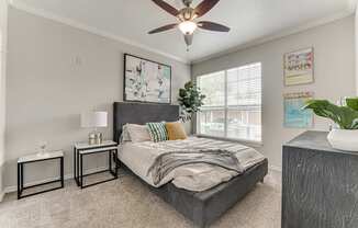 A bedroom with a bed, a ceiling fan, and a potted plant.
