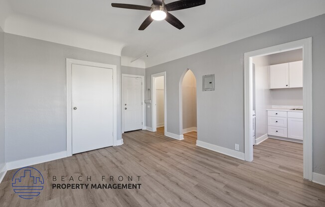 a renovated living room with a ceiling fan and a hallway to two closets