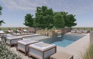 a resort style pool with a waterfall and lounge chairs at Villas of Mason Hills, Leander, TX