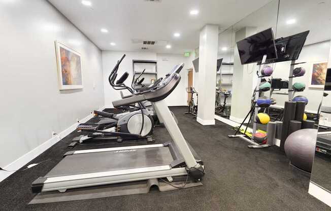 A gym with treadmills, exercise balls, and mirrors.